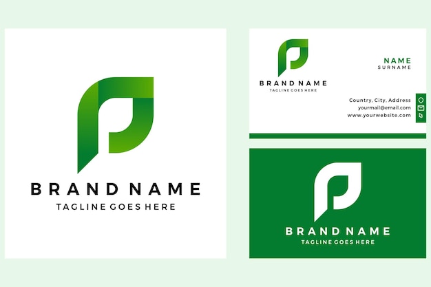 Flat plant letter P leaf logo with business card design