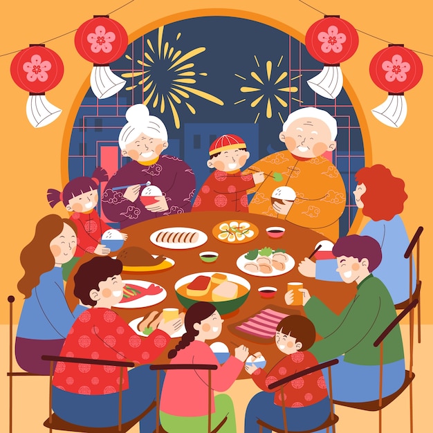 Vector flat reunion dinner illustration for chinese new year festival