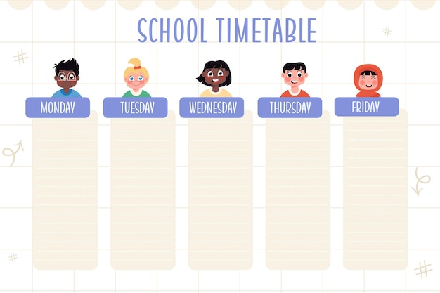 Vector flat school timetable with international children