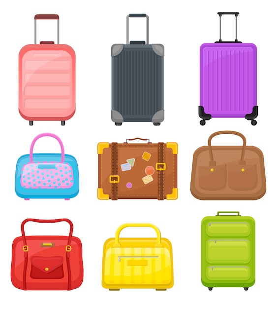 Flat   set of various travel bags. Suitcases on wheels, elegant women handbags and retro case with stickers