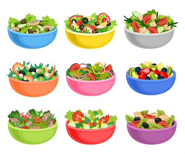 Flat   set of vegetable and fruit salads. Appetizing dishes from fresh products. Organic and healthy food