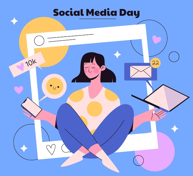 Vector flat social media day illustration with person and smartphone