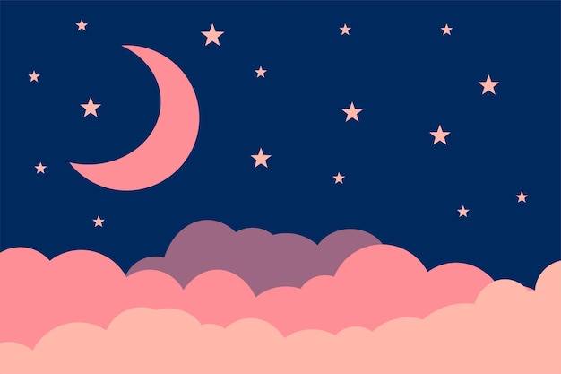 Vector flat style illustration pink moon stars clouds background design