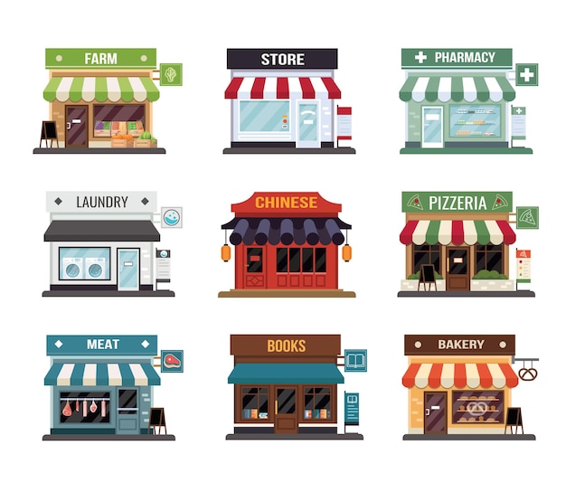 Flat style shop little tiny icon set. Bakery, store, pharmacy, butchery