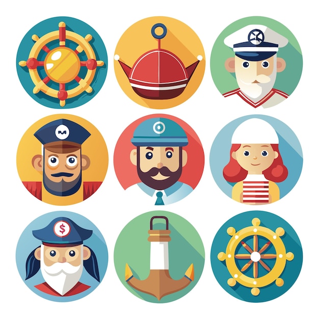 Vector flat style vector illustration of the sea maritime theme vector set of round icons with sea elements