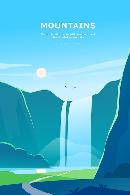 flat summer landscape illustration with waterfall, river, mountains, sun, forest on blue clouded sky.