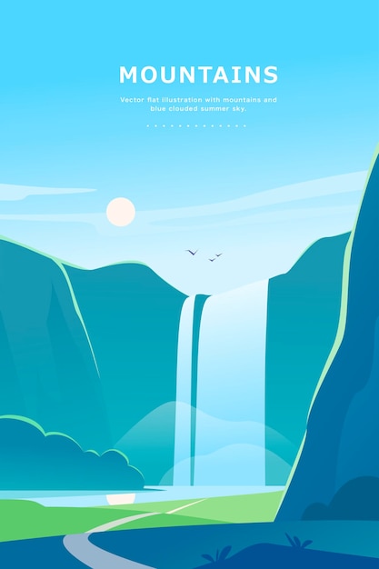 flat summer landscape illustration with waterfall, river, mountains, sun, forest on blue clouded sky.