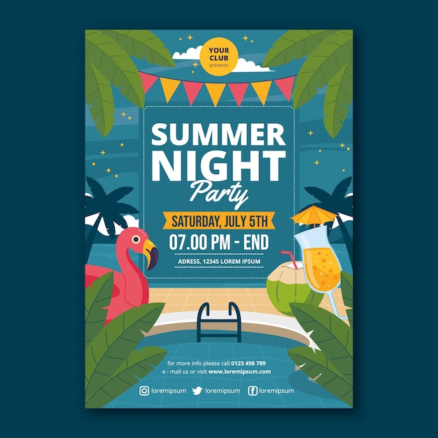 Vector flat summer night party poster template with pool