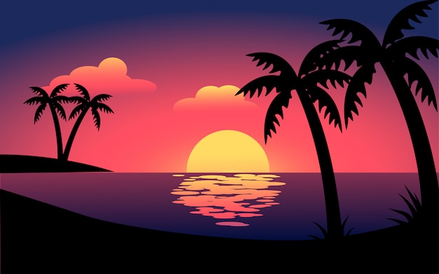 Flat sunset beach landscape with palm trees