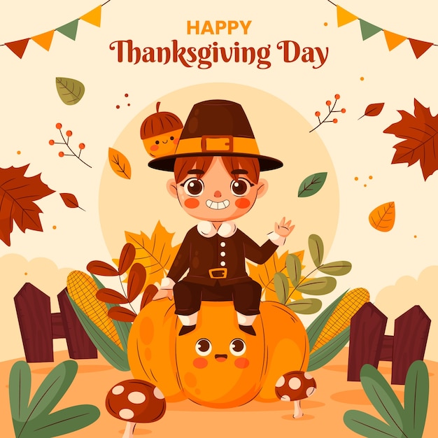 Flat thanksgiving illustration with boy sitting on pumpkin