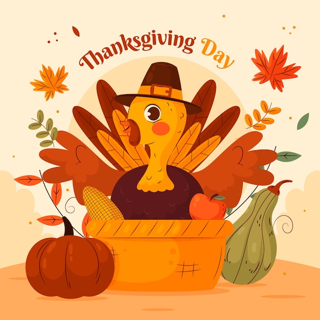 Flat thanksgiving illustration with turkey in basket and pumpkins