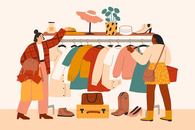 Flat thrift store shopping experience illustration