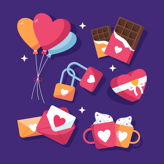 Flat valentine's day elements pack