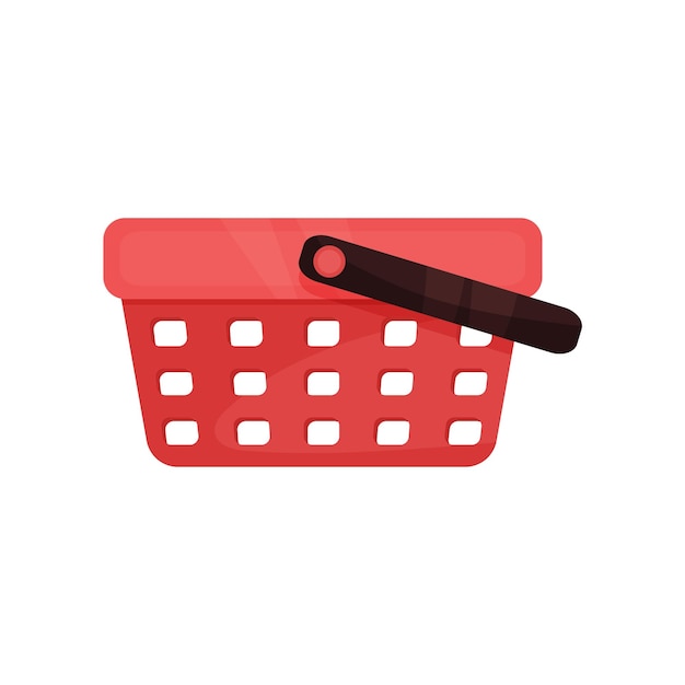 Flat vector icon of bright red shopping basket with single black handle Plastic container for carrying products in supermarket