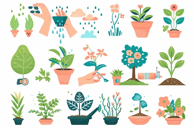 Vector flat vector icons for plant care featuring