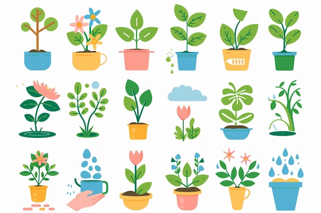 Vector flat vector icons for plant care featuring