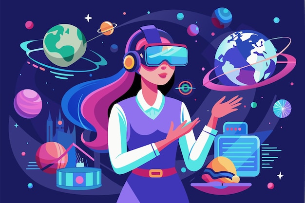 Vector a flat vector illustration featuring a woman wearing virtual reality glasses and a vr headset