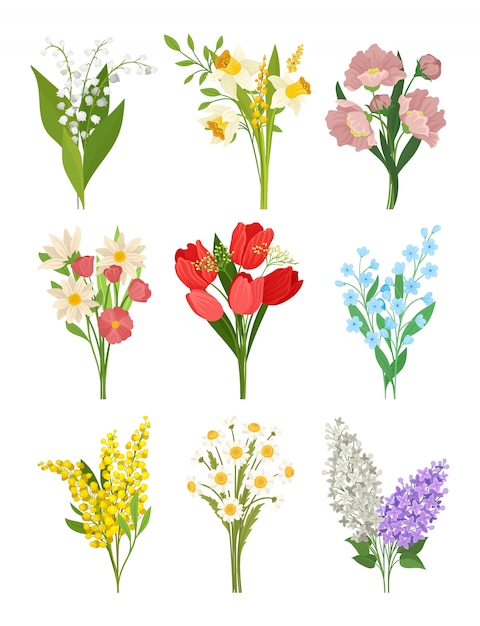 Flat vector set of cute spring bouquets.