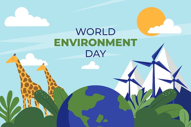 Flat world environment day background with wind turbines and giraffes