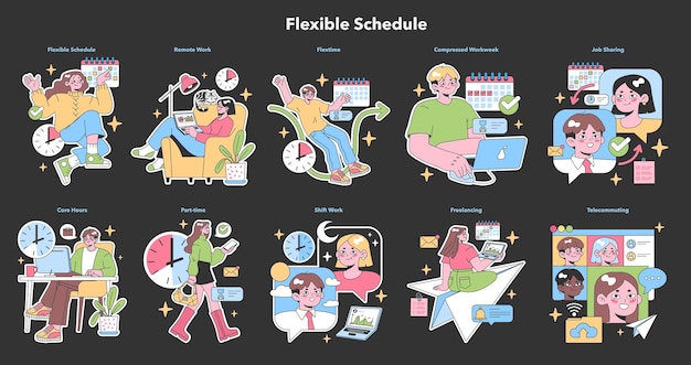 Flexible schedule set professionals enjoying varied work routines remote work compressed workweek