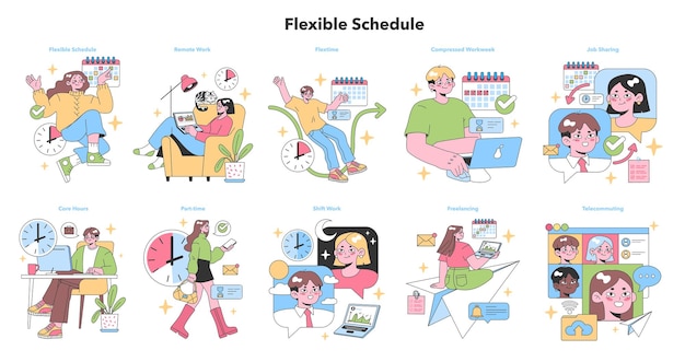Vector flexible schedule set professionals enjoying varied work routines remote work compressed workweek