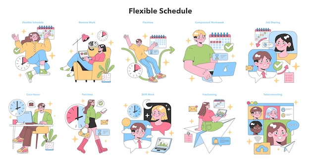 Flexible schedule set professionals enjoying varied work routines remote work compressed workweek