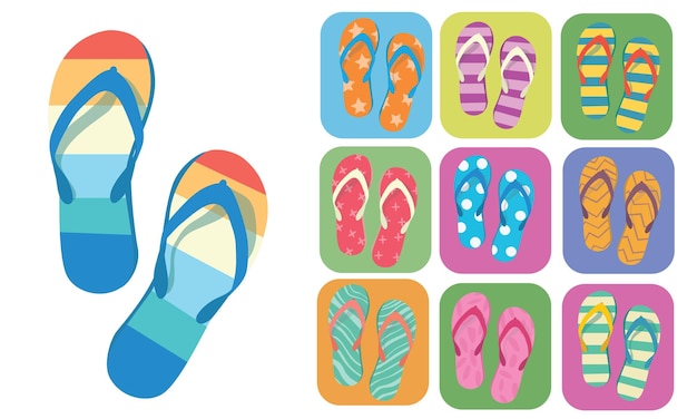 Vector flip flops flat vector set colorful flip flops illustration in cartoon style hello summer concept