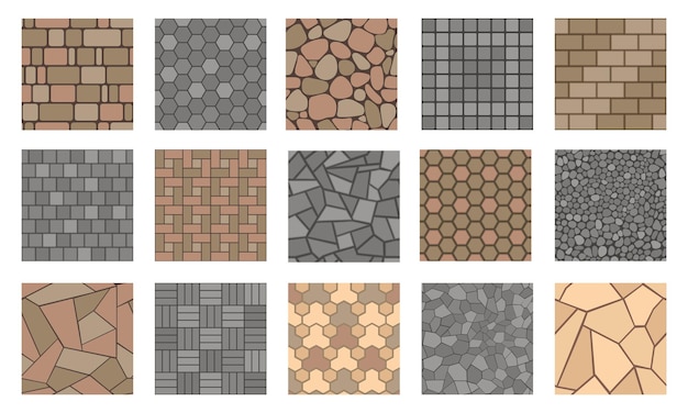 Floor stone pattern Pavement tile of stone bricks and concrete road sidewalk and garden patio ground outdoor paving plan Vector path tile top view