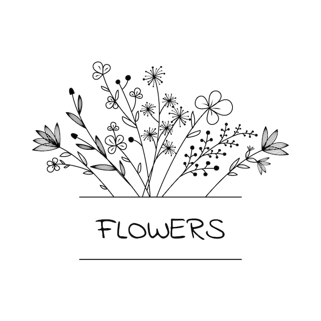 Floral hand drawn frame Logo Outlined doodle flowers and leaves frame for your text Vector Illustration