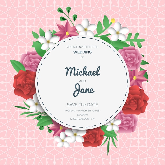 Floral wreath wedding invitation with flat paper style design