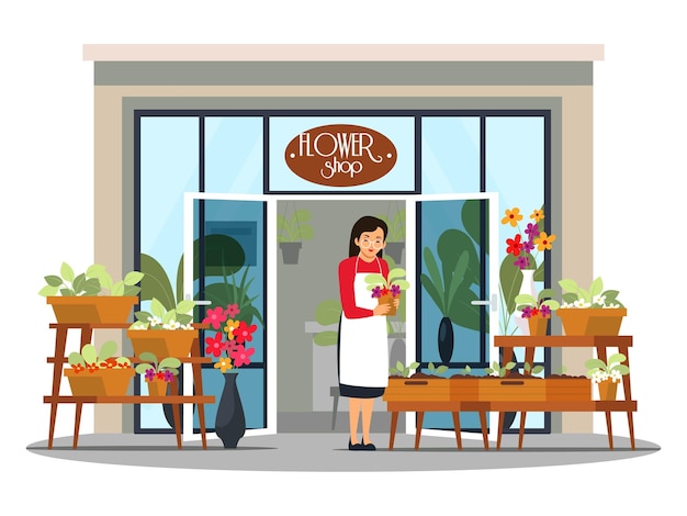 Vector florist in flower shop owner of store with plants flowers standing and holding pot local downtown market with shelves full of plants in boxes