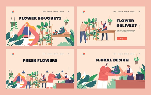 Vector floristic store landing page template set flower shop interior with customers choosing and buying fresh flower bouquets