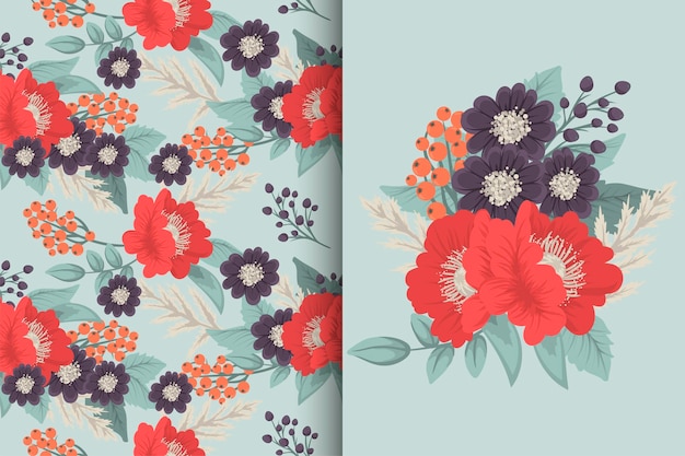 Flower bouquet with seamless pattern Floral background set