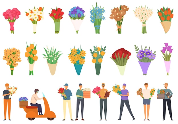 Flower delivery icons set cartoon vector Blossoming bouquet