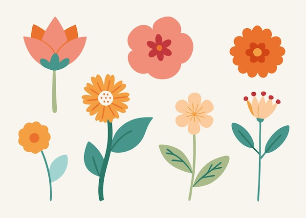 Vector flower doodles collection flat illustration on white background