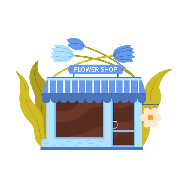 Vector flower shop blue building with storefront floristry small business