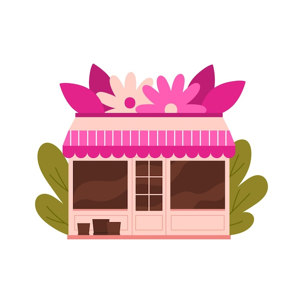 Vector flower shop romantic pink building facade with floral bouquet on awning