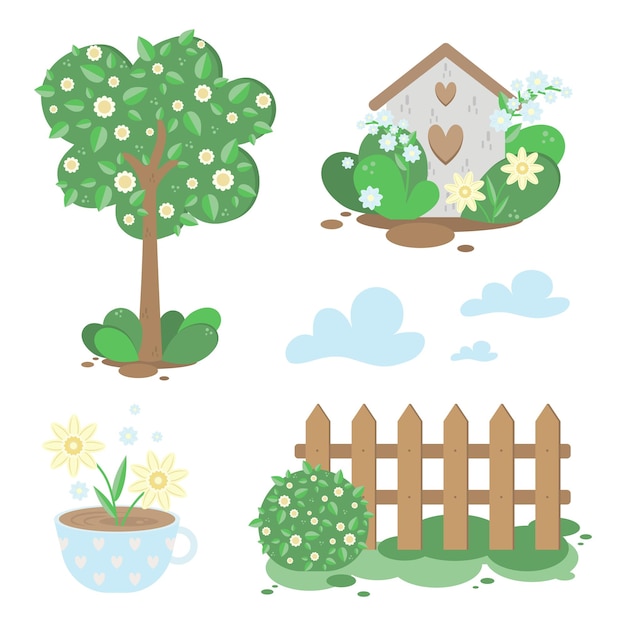 Vector flowering tree a fence with a bush clouds a birdhouse a cup of planters with flowers vector illustration in simple flat cartoon style pastel colors green yellow brown isolated