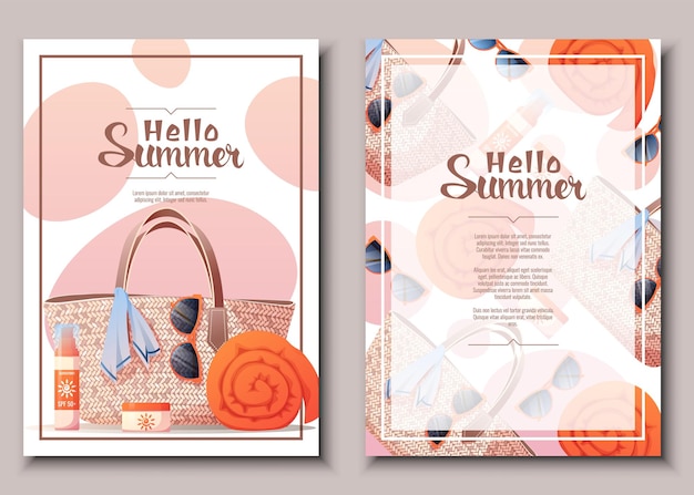 Vector flyer template set with summer accessories wicker bag towel sunscreen beach vibe summer time banner poster background for summer party advertising promotion invitation