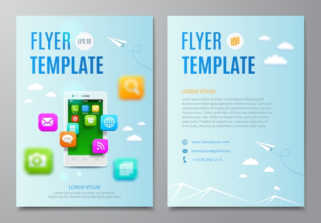 Vector flyer template with smartphone and cloud of icons mobile application. 