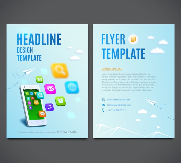 Vector flyer template with white smartphone with cloud of application colorful icons.