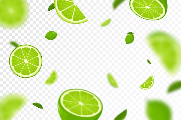 Vector flying fresh limes and lime slices background seamless pattern with defocused blur effect can be used for wallpaper banner poster print fabric wrapping paper vector flat design