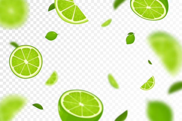 Flying fresh limes and lime slices background seamless pattern with defocused blur effect Can be used for wallpaper banner poster print fabric wrapping paper Vector flat design