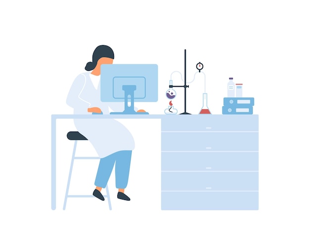 Focused female scientist sitting at desk working on computer vector flat illustration. Woman in white coat at science laboratory isolated on white background. Scientific research and analyzing.