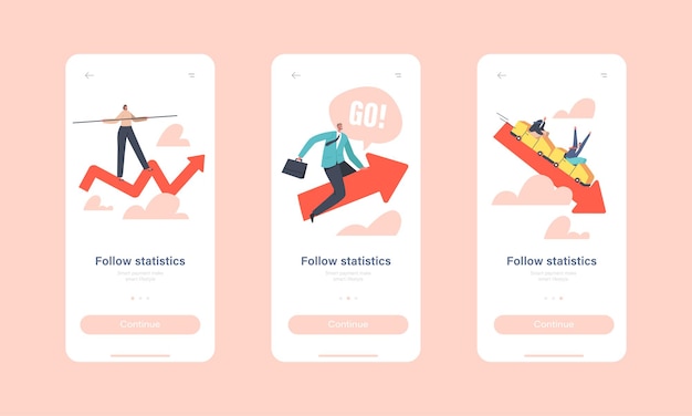 Follow Statistics Mobile App Page Onboard Screen Template. Tiny Businesspeople Characters Riding Up and Down Red Arrow