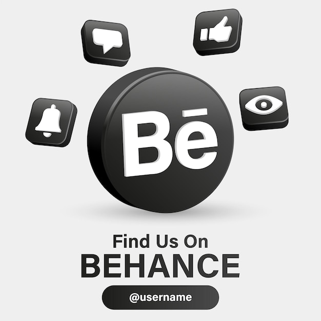 Vector follow us on behance social media logos with 3d logo in modern black frame with notification icons