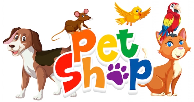 Font design for word pet shop with many animals on white background