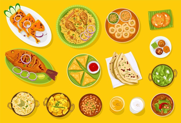 Food background Top down view variety of Indian food