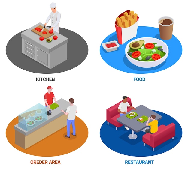 Food court isometric set of four round compositions representing different cafe areas with people and meal