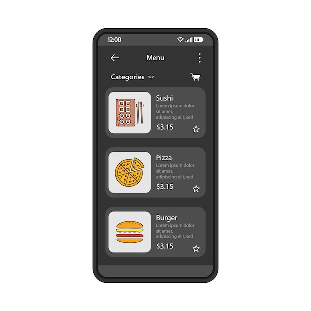 Vector food delivery app smartphone interface vector template